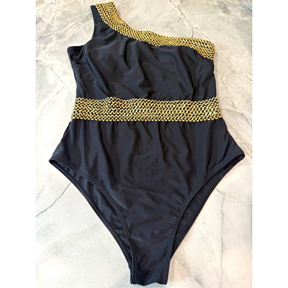 Cupshe Women's One-Shoulder One-Piece Swimsuit Black/Gold Solid Size L